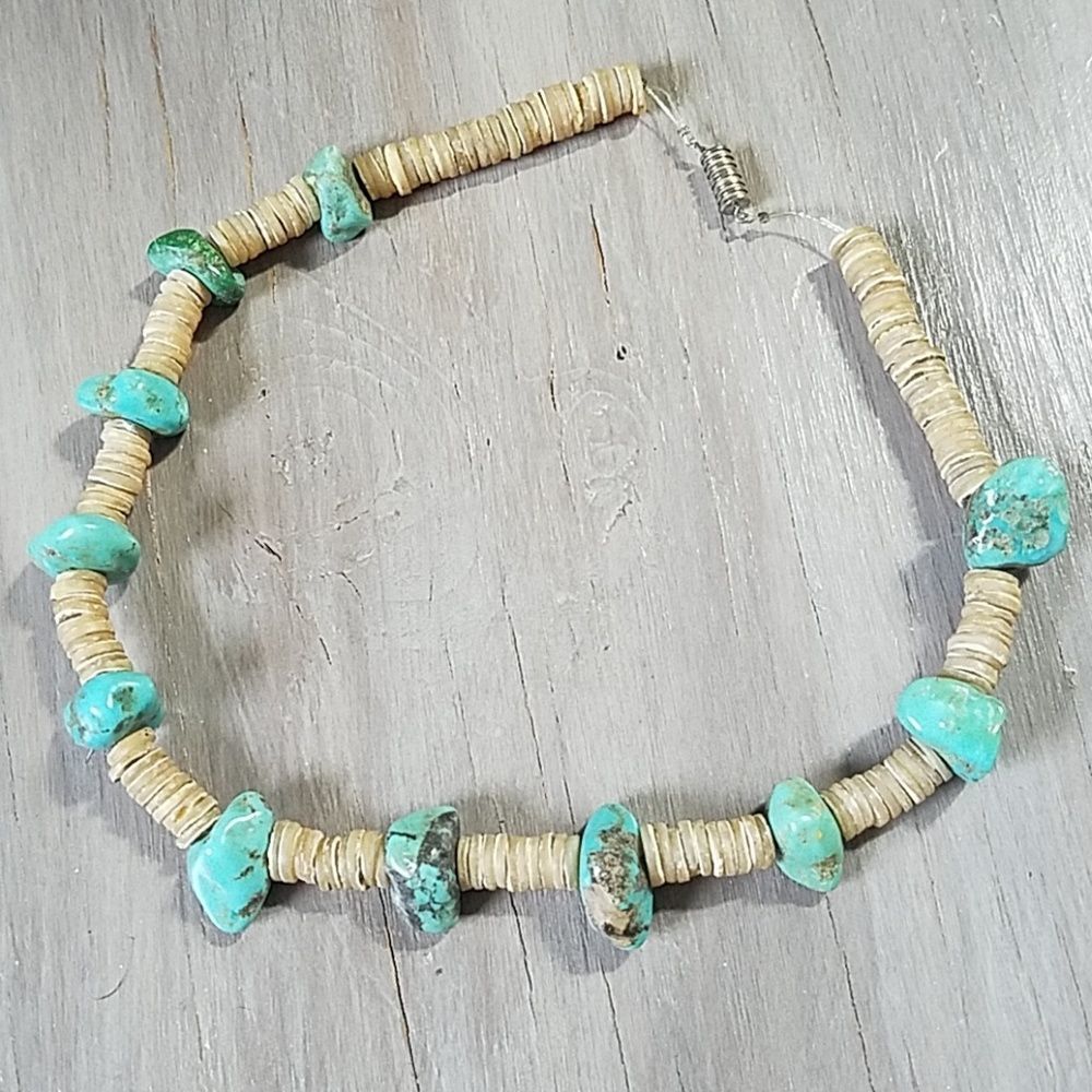 Turquoise stone necklace - southwestern Heishi